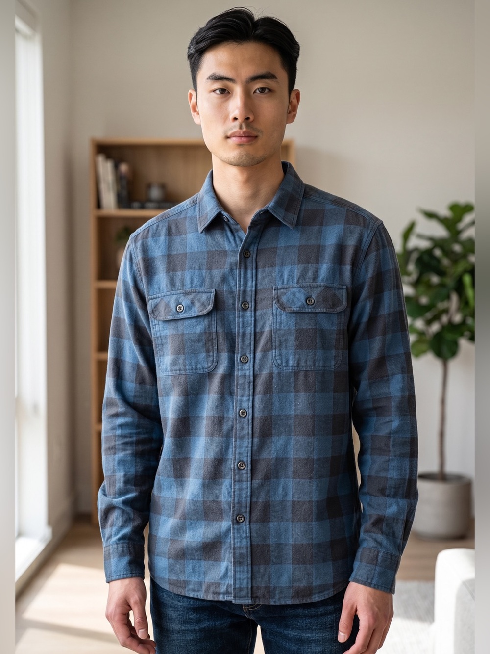 H&M L.O.G.G. Men's Blue and Black Plaid Flannel Button Down Shirt